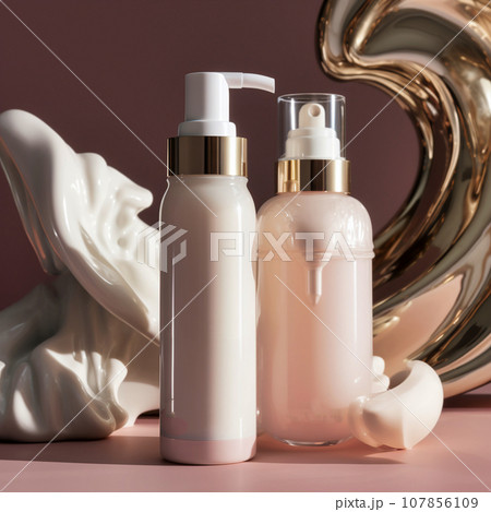 A bottle of cream lies on a pale pink background 107856109