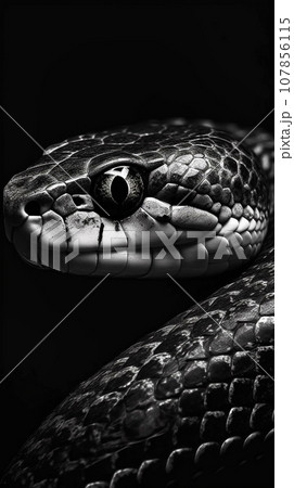 Black and white photo of a snake close-up Black and white photo of a snake close-up 107856115