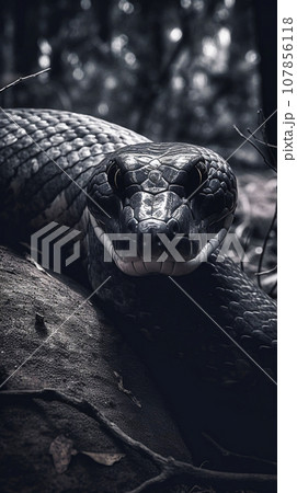 Black and white photo of a snake close-up 107856118