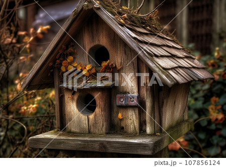 wooden birdhouse on a tree close-up 107856124