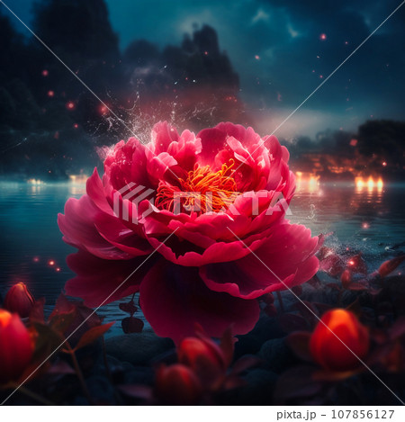 A beautiful picture a large light red peony flower 107856127