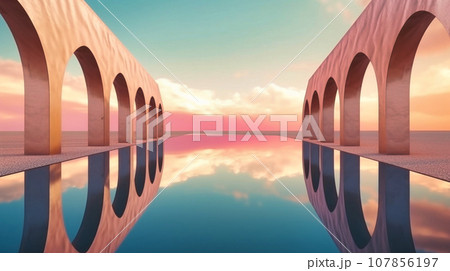 arch bridges on the water at sunset 107856197