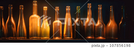 rows of wine bottles in a line on a shelf 107856198