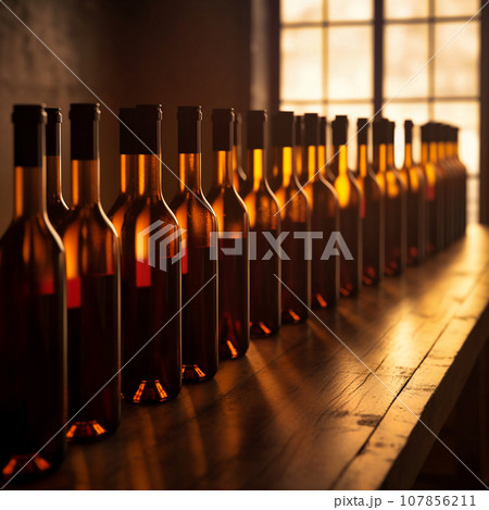 rows of wine bottles at rest with wooden background rows of wine bottles at rest with wooden background 107856211