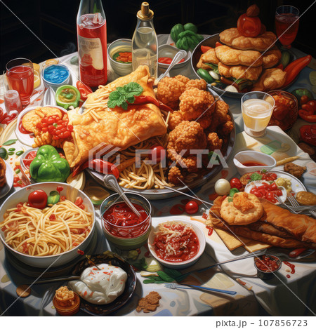 fast food and unhealthy eating concept - close up of fast food snacks and cola drink on wooden table Generative AI technology 107856723