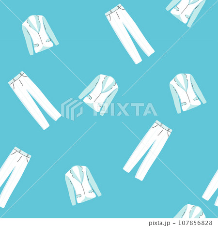 Seamless pattern for print on fabric. Set home sweet clothes. In one color. Clothing icon for sleep, sports and home. T-shirt, sleep mask, clothespin, hanger, socks, underpants, shorts. Blue 107856828