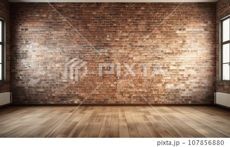 3D rendering of an empty room with a big window in loft style. Wooden floor and brick wall in a modern interior. Bright and spacious space with a lot of natural light. Perfect for copy space. 3D rendering of an empty room with a big window in loft style. Wooden floor and brick wall in a modern interior. Bright and spacious space with a lot of natural light. Perfect for copy space. 107856880