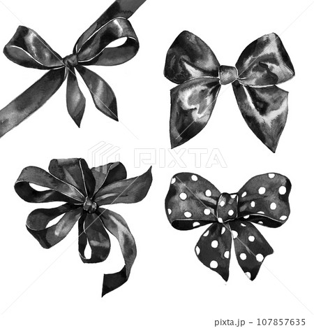 Watercolor satin black bow set on white background Watercolor satin black bow set on white background 107857635