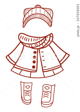 Outline cute winter fashion, fluffy and fabulous clothing, illustrations for decoration Outline cute winter fashion, fluffy and fabulous clothing, illustrations for decoration 107858003