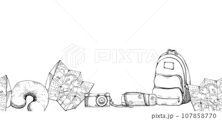 Ink hand drawn vector sketch. Seamless banner. Tourist accessories backpack, vacuum flask with stickers, travel pillow, navigation map. Design for tourism, brochure, wedding, guide, print card tattoo. 107858770