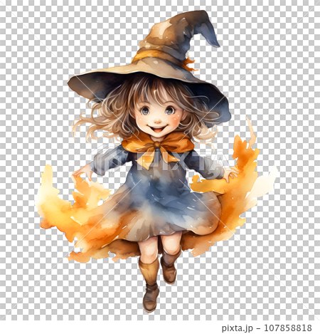Cute little girl in a witch costume for Halloween party, watercolor illustration Cute little girl in a witch costume for Halloween party, watercolor illustration 107858818