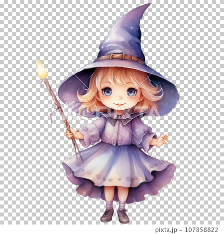 Cute little girl in a witch costume for Halloween party, watercolor illustration Cute little girl in a witch costume for Halloween party, watercolor illustration 107858822