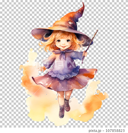 Cute little girl in a witch costume for Halloween party, watercolor illustration Cute little girl in a witch costume for Halloween party, watercolor illustration 107858823