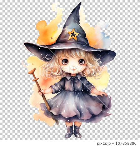 Cute little girl in a witch costume for Halloween party, watercolor illustration Cute little girl in a witch costume for Halloween party, watercolor illustration 107858886