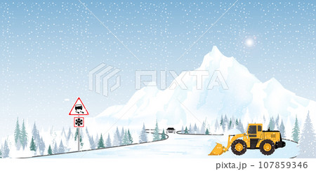 Snow plow truck cleaning snowy road. Snow plow truck cleaning snowy road. 107859346