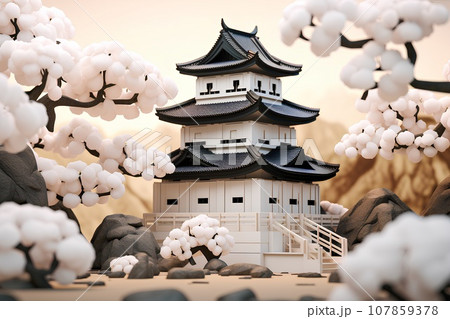 日本のお城（3D）天守閣・春 107859378