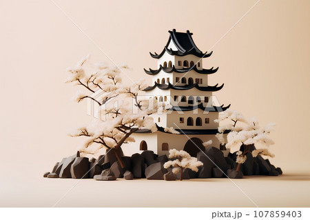 日本のお城（3D）天守閣・春 107859403