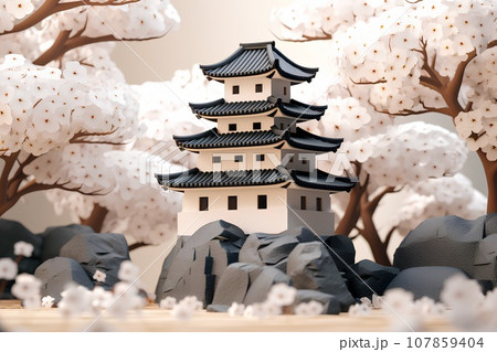 日本のお城（3D）天守閣・春 107859404