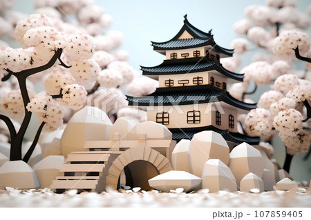 日本のお城（3D）天守閣・春 107859405