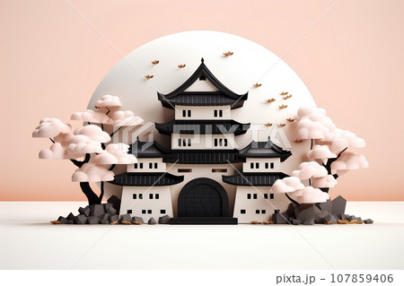 日本のお城（3D）天守閣・春 107859406