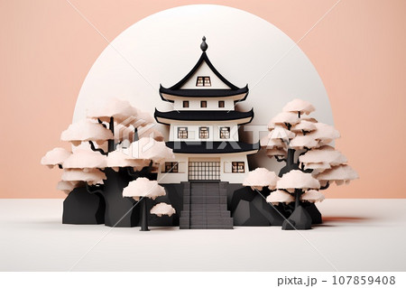 日本のお城（3D）天守閣・春 107859408