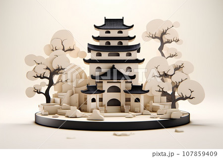 日本のお城（3D）天守閣・春 107859409