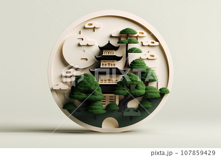 日本のお城（3D）天守閣・緑の木 107859429