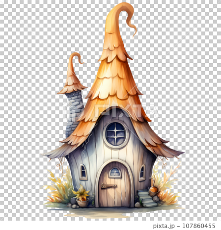 Fantasy Sorcerer's Hut watercolor illustration, Halloween decorative elements 107860455