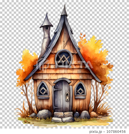Fantasy Sorcerer's Hut watercolor illustration, Halloween decorative elements 107860456