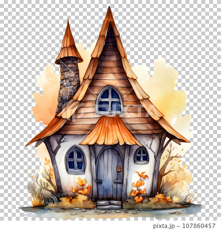 Fantasy Sorcerer's Hut watercolor illustration, Halloween decorative elements Fantasy Sorcerer's Hut watercolor illustration, Halloween decorative elements 107860457