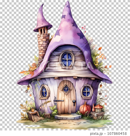 Fantasy Sorcerer's Hut watercolor illustration, Halloween decorative elements Fantasy Sorcerer's Hut watercolor illustration, Halloween decorative elements 107860458
