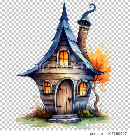 Fantasy Sorcerer's Hut watercolor illustration, Halloween decorative elements 107860497