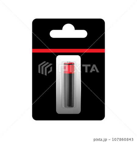 Alkaline Battery in Paper Blister and Battery Icon Set Closeup Isolated. AA Size. Design Template for Branding, Mockup. 107860843