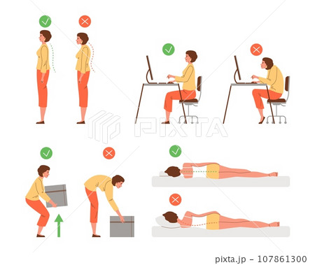 Vector isolated illustration set of correct and incorrect human poses spine, neck. Woman standing, sitting at computer, lifting object, lying on side 107861300