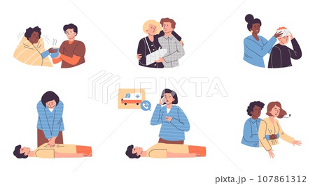 First aid treatments set, flat vector illustration isolated on white background. First aid treatments set, flat vector illustration isolated on white background. 107861312