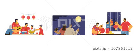 Vector set illustrations Asian family enjoy tasty traditional dishes on mid autumn festival, Happy moon festival 107861315