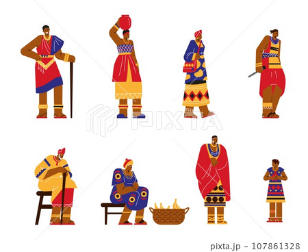 African tribal people characters collection flat vector illustration isolated. African tribal people characters collection flat vector illustration isolated. 107861328