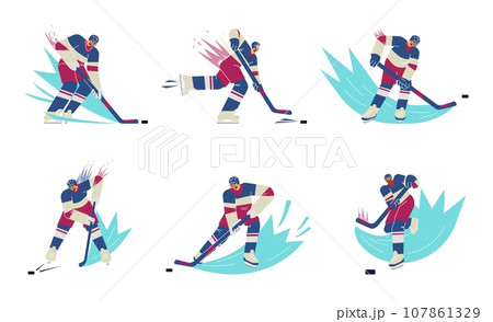 Vector set isolated illustrations of hockey player with motion lines on the ice, picks up the puck with hockey stick Vector set isolated illustrations of hockey player with motion lines on the ice, picks up the puck with hockey stick 107861329