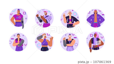 Cyberpunk female and male characters set, flat vector illustration isolated. 107861369
