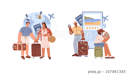 Set of vector illustration of traveling people arrived at the destination, studying map against of the path of airplane, passport Set of vector illustration of traveling people arrived at the destination, studying map against of the path of airplane, passport 107861385
