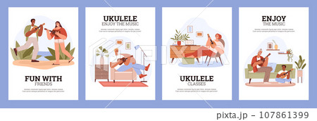 Vector Set illustration of people playing and learning to play ukulele online in cozy room, on lawn, Ukulele classes education 107861399