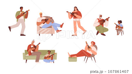 Set of people different sexes and ages playing ukulele flat style 107861407