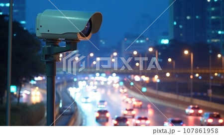 Monitoring a highway with a video traffic camera. Safety and control motorway. Copy space. Generative AI 107861958
