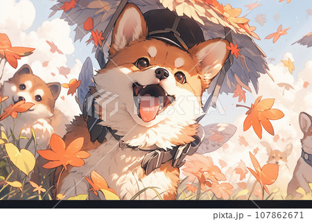 【AI生成画像】紅葉と元気な犬 107862671