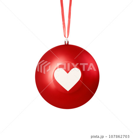 Hanging red Christmas ornament with heart isolated on a white background. Stock photo 107862703