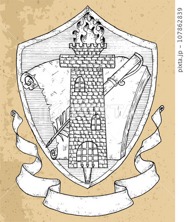 Black and white coat of arms with tower, book, - Stock