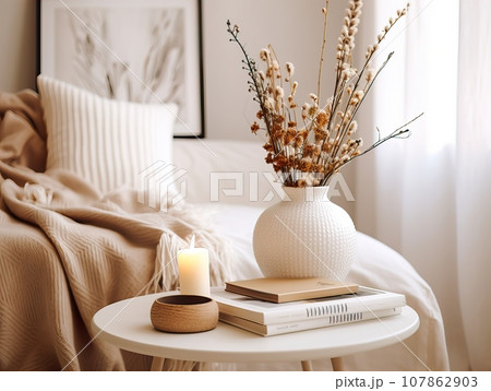 Bright white home interior decor, cozy living room decoration with pillows and warm blanket Bright white home interior decor, cozy living room decoration with pillows and warm blanket 107862903