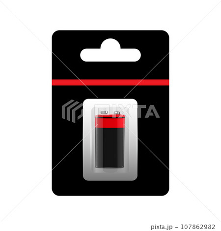 Alkaline Battery in Paper Blister and Battery Icon Set Closeup Isolated. AA Size. Design Template for Branding, Mockup. 107862982