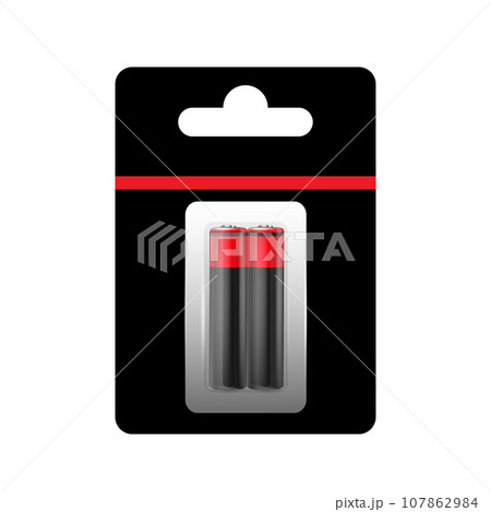 Alkaline Battery in Paper Blister and Battery Icon Set Closeup Isolated. AA Size. Design Template for Branding, Mockup. Alkaline Battery in Paper Blister and Battery Icon Set Closeup Isolated. AA Size. Design Template for Branding, Mockup. 107862984