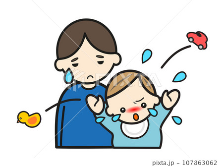 癇癪を起す赤ちゃんと困るパパ 107863062